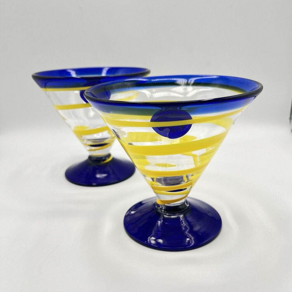 Kosta Boda Martini Margarita Glasses Cobalt Blue Yellow Swirl - Set 2